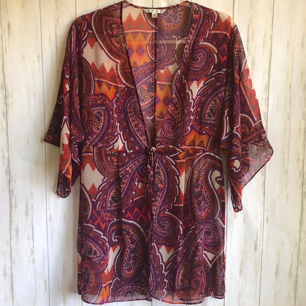 CABI Sheer Kimono Style Duster Front Beaded Tie